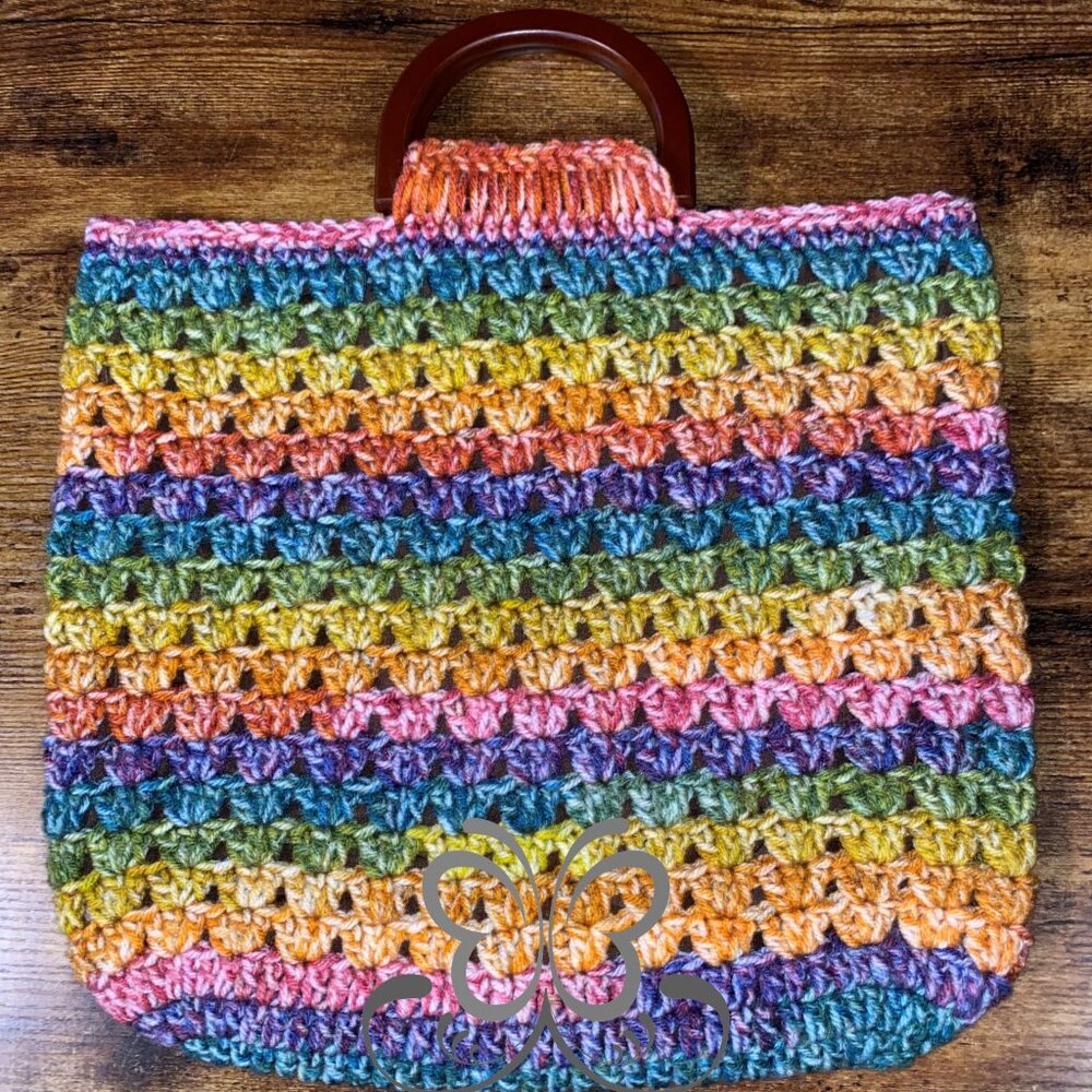 Handmade Crocheted Multicolored Lined Handbag with Wooden Handles